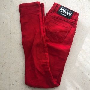 Red low-waisted skinny jeans!